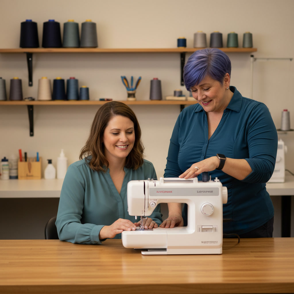 Sewing machine technician guiding a customer while demonstrating machine use at a workbench